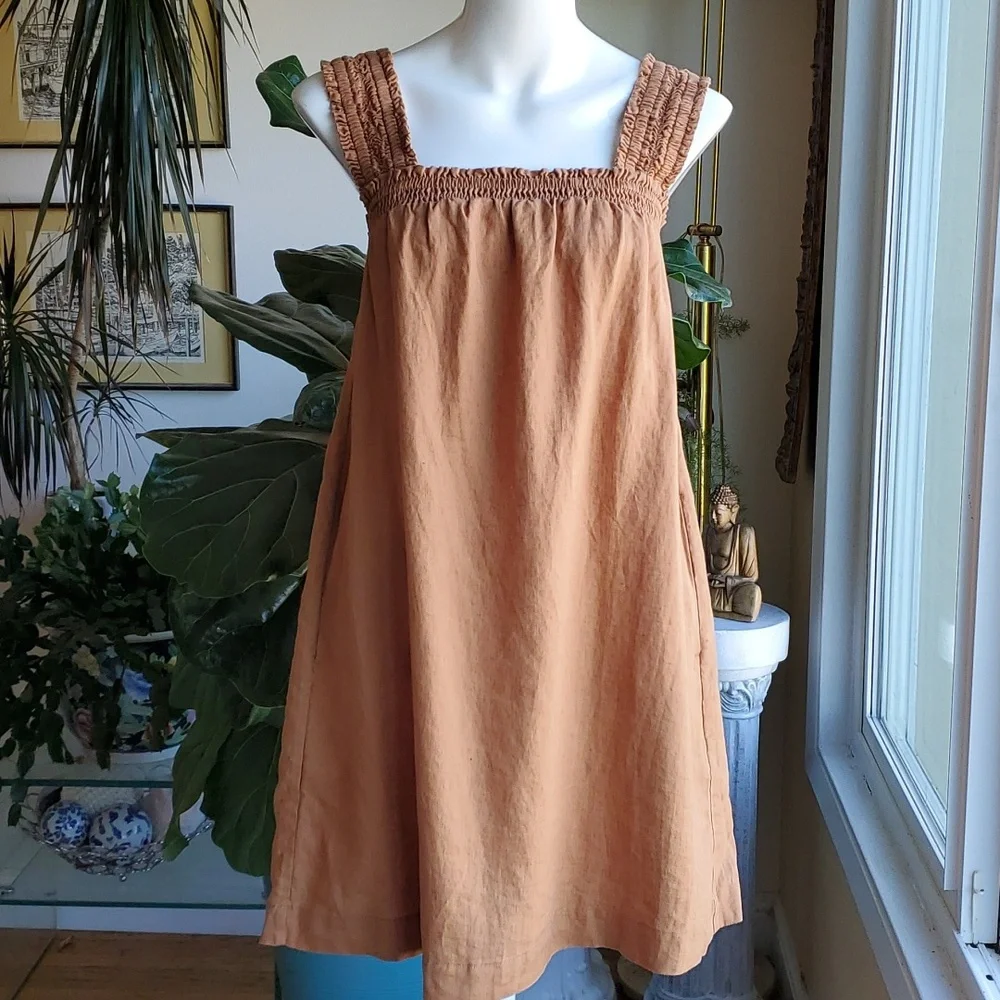 Everlane The Smocked Linen Dress Tawny Tan Brown Oversized Pockets Size … - Picture 6 of 12